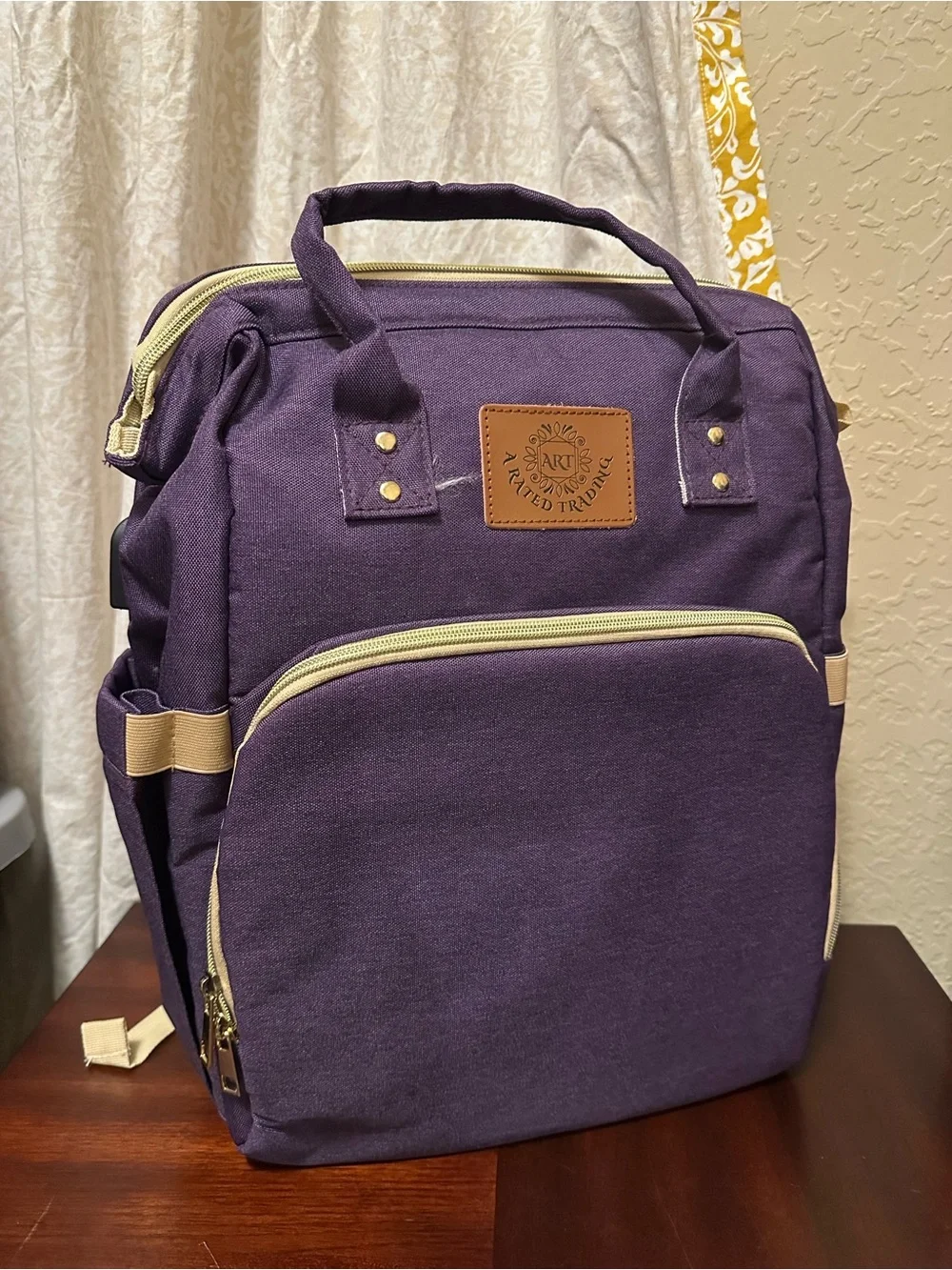 Purple Canvas Multi purpose Baby diaper Bag Backpack with Beige Trim